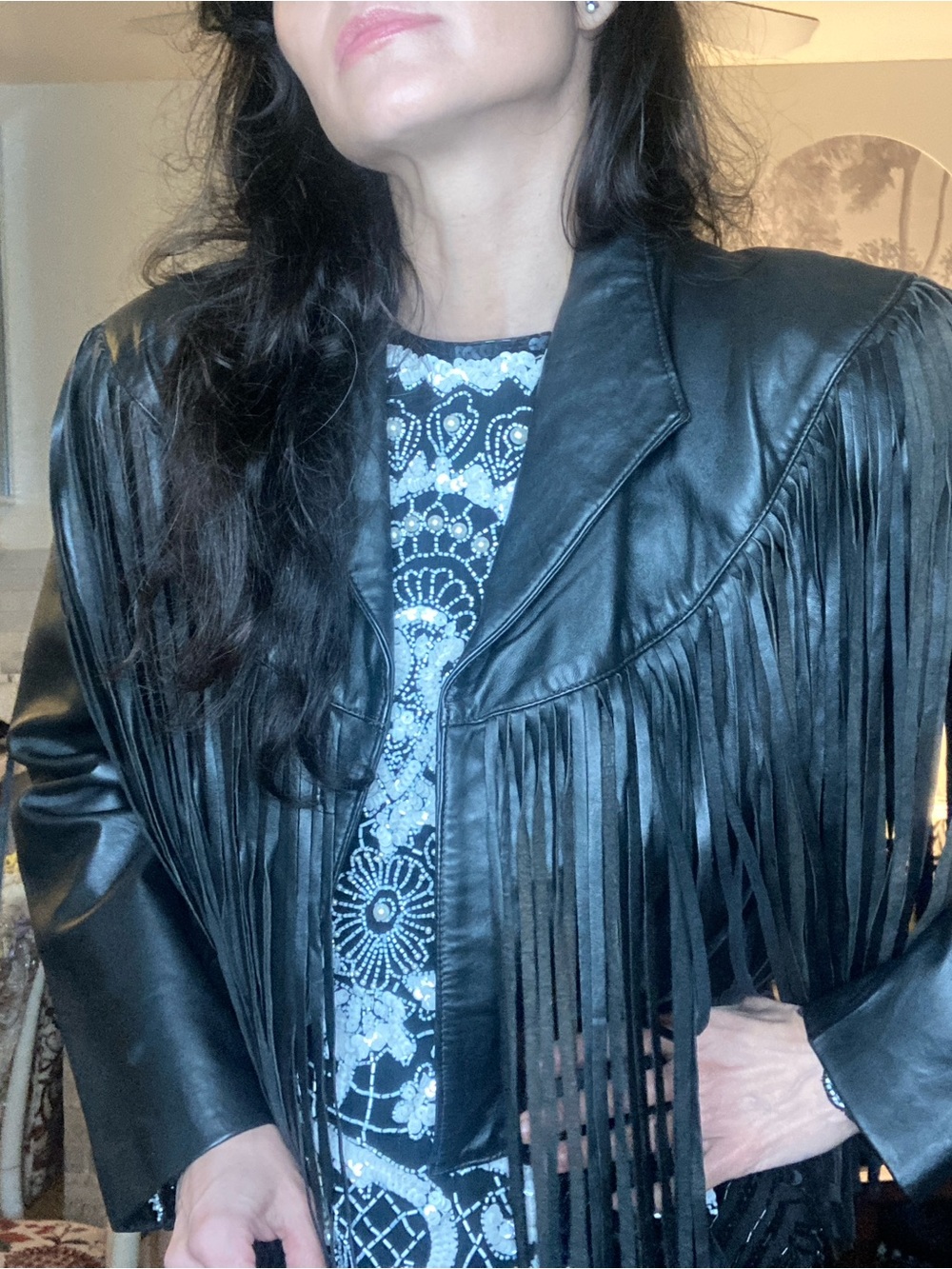 Festival versatile black leather fringed motorcycle jacket cropped 80’s western - Picture 6 of 7